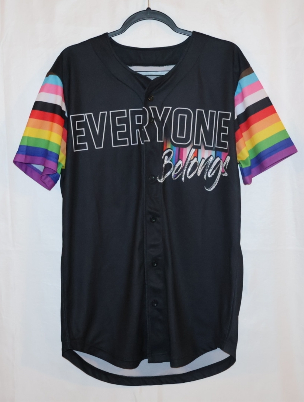 Spencer's Everyone Belongs Rainbow Pride Black Jersey. Adult Medium.